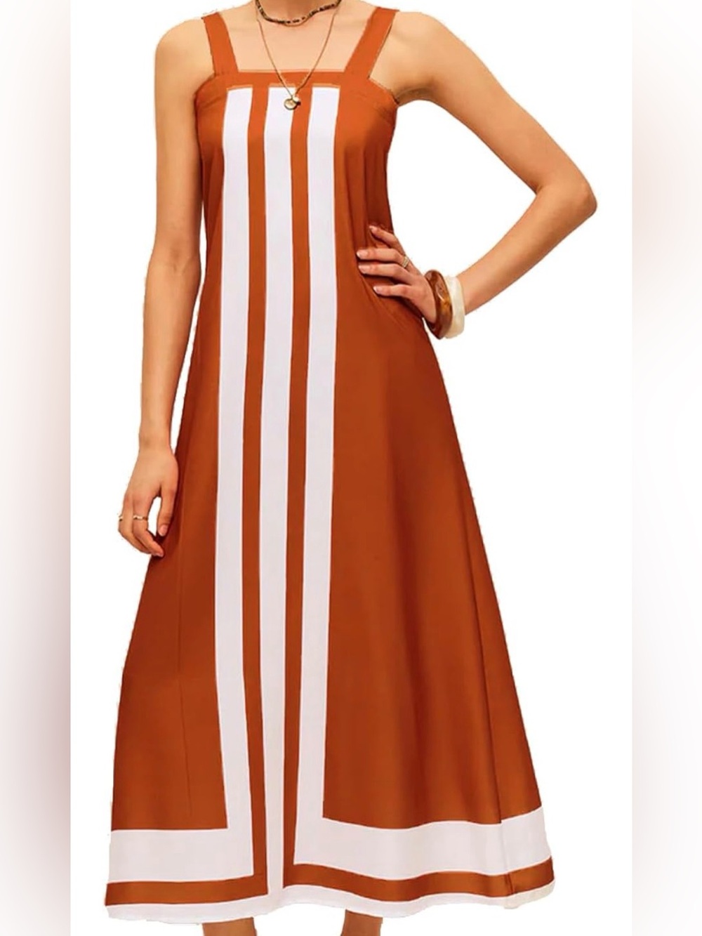Fashion Nova Rust Maxi Dress with White Vertical Stripe Trim. With Pockets